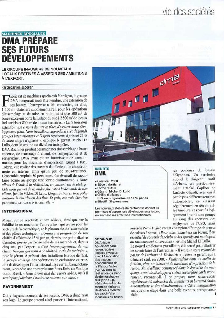 DMA PREPARES ITS FUTURE DEVELOPMENTS - eco de l'ain